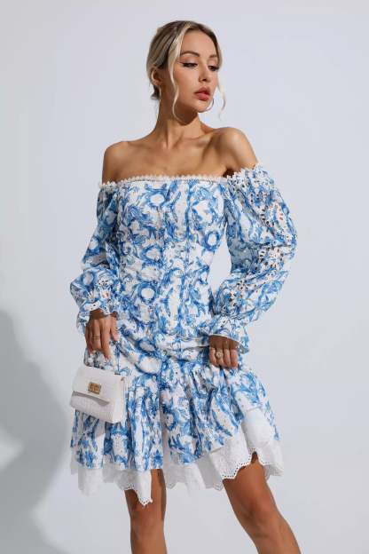 Cedric Blue Floral Off Shoulder Dress