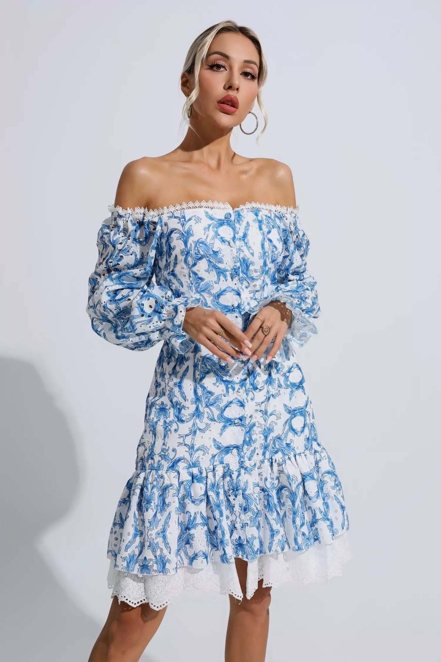 Cedric Blue Floral Off Shoulder Dress