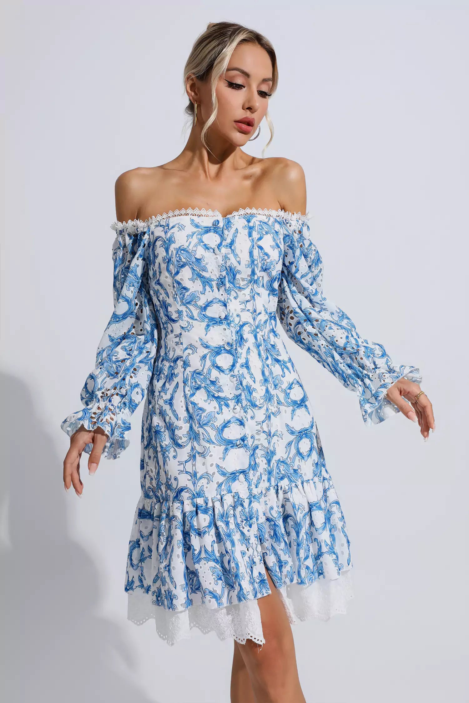 Cedric Blue Floral Off Shoulder Dress