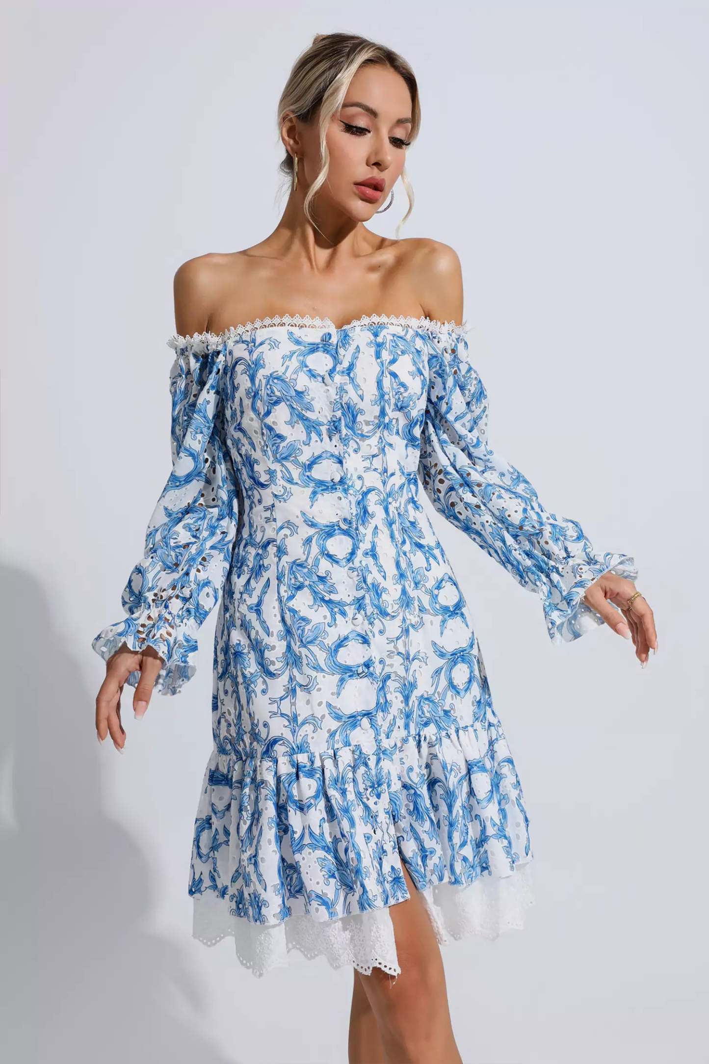 Cedric Blue Floral Off Shoulder Dress