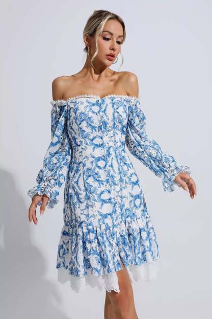 Cedric Blue Floral Off Shoulder Dress