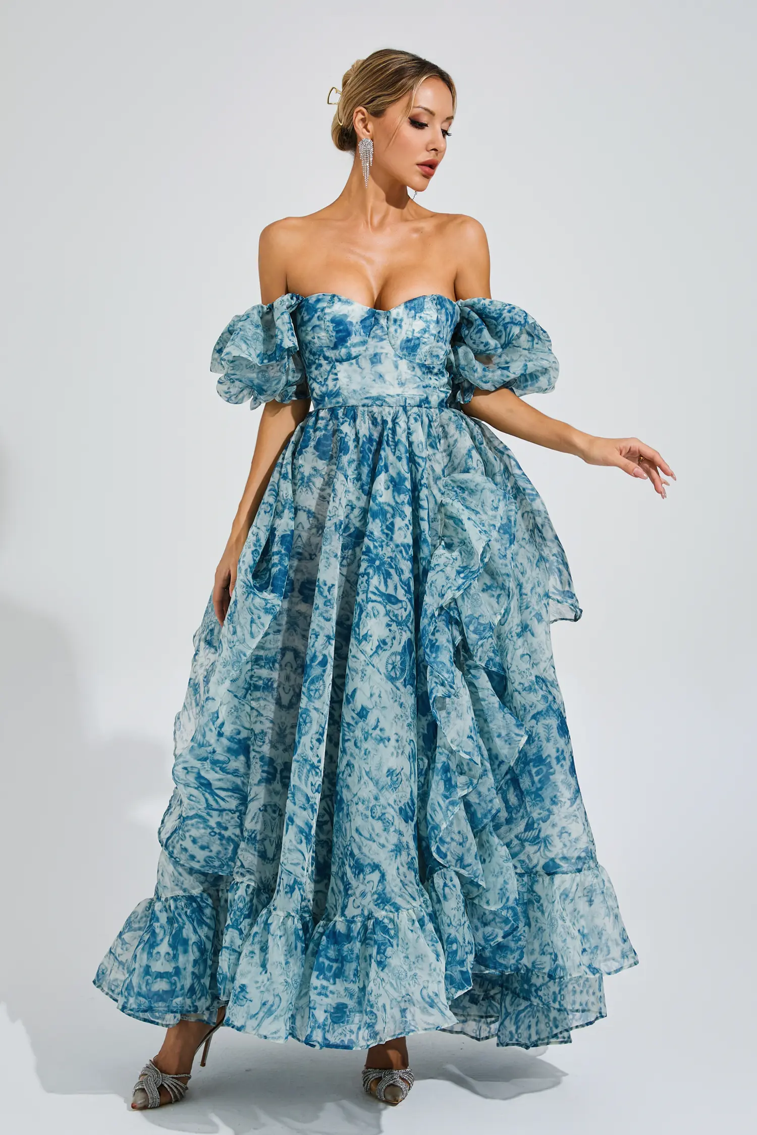 Wallace Blue Slit Puff Sleeves Maxi Dress
