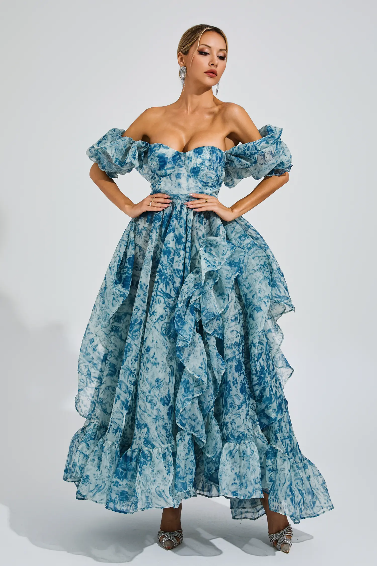 Wallace Blue Slit Puff Sleeves Maxi Dress