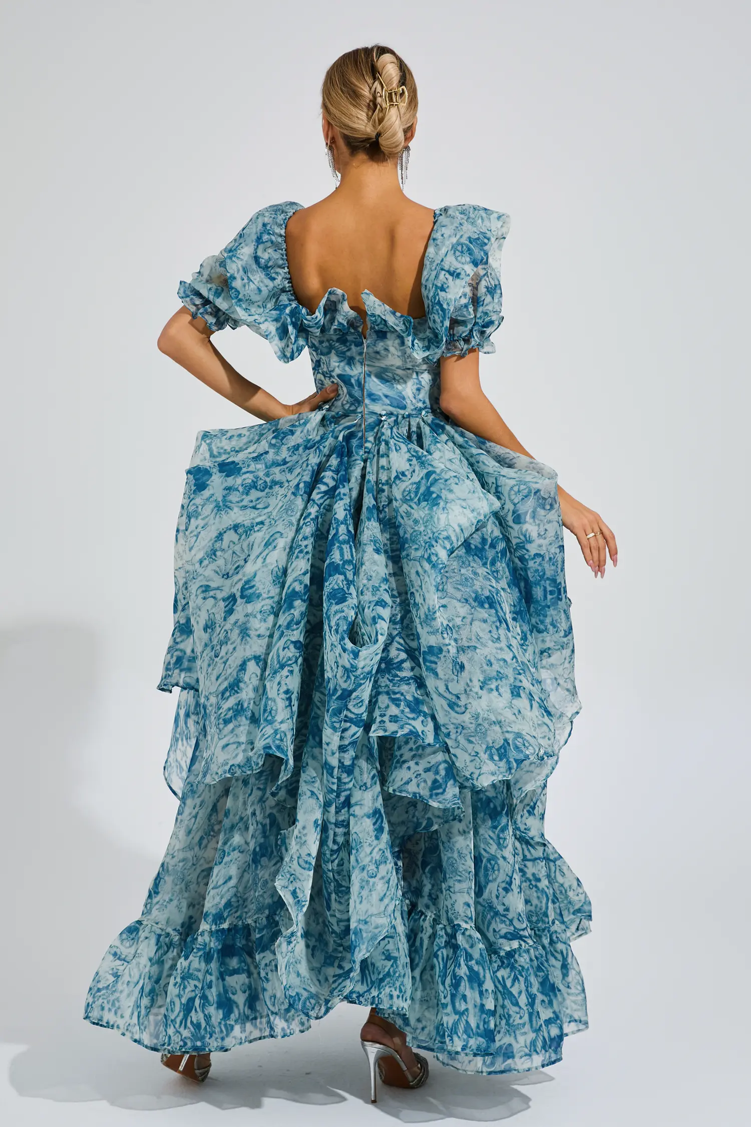 Wallace Blue Slit Puff Sleeves Maxi Dress