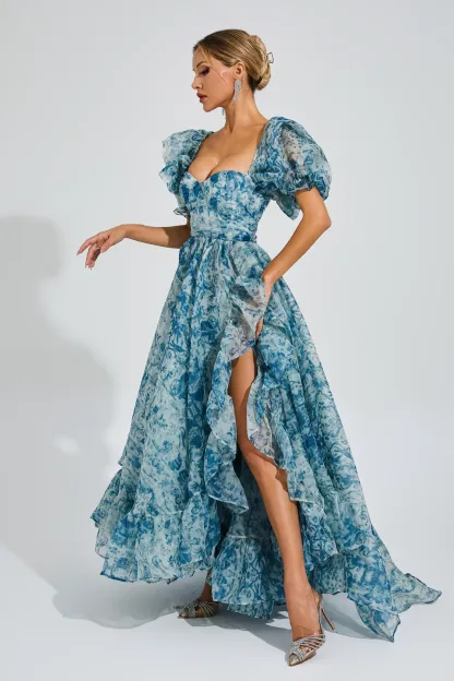 Wallace Blue Slit Puff Sleeves Maxi Dress