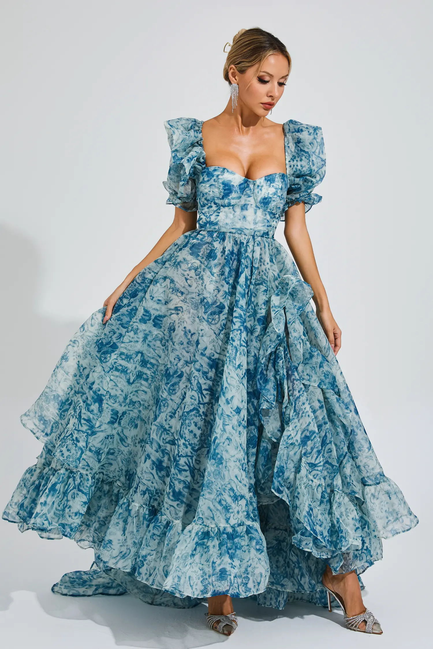 Wallace Blue Slit Puff Sleeves Maxi Dress