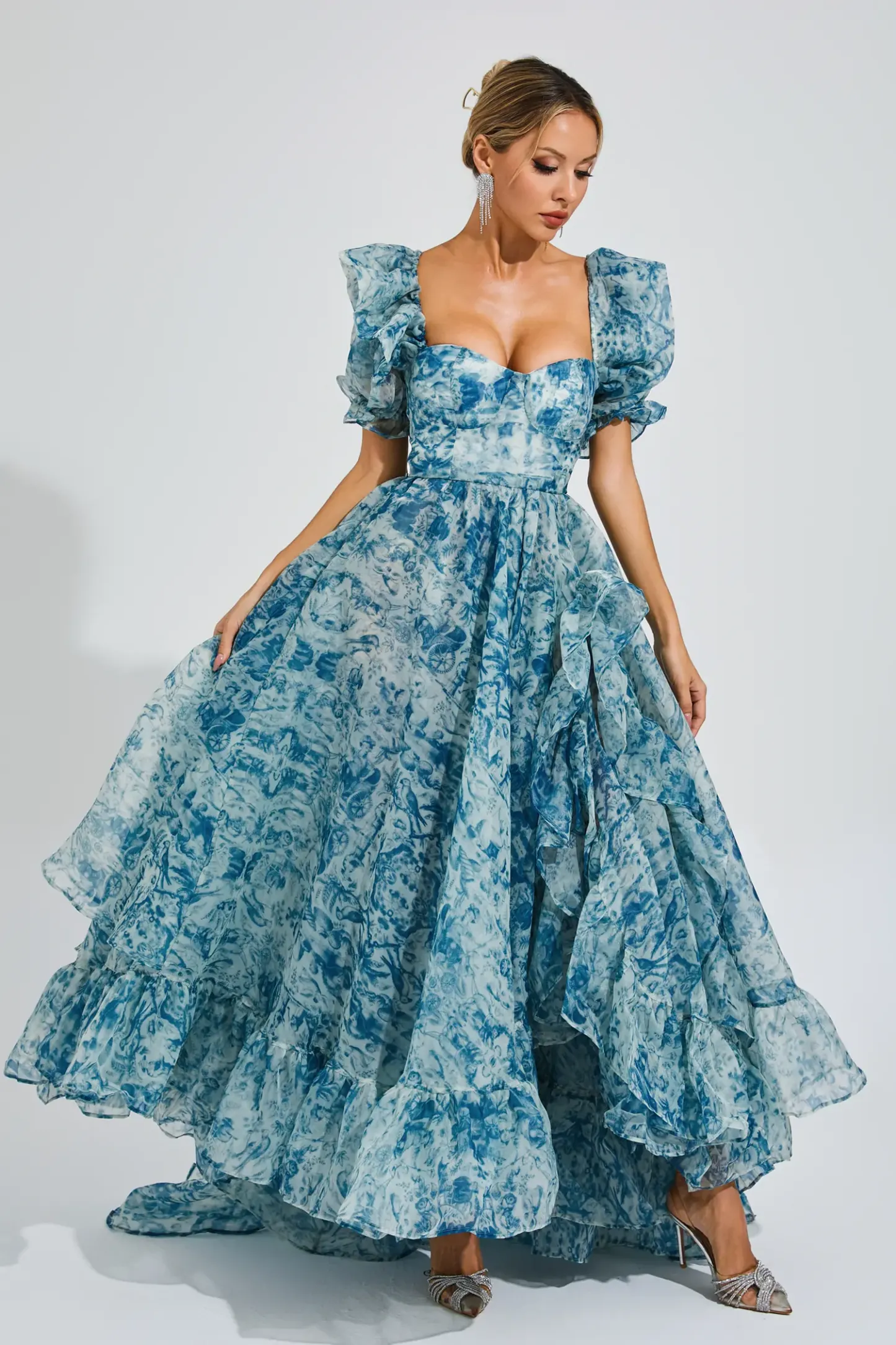 Wallace Blue Slit Puff Sleeves Maxi Dress