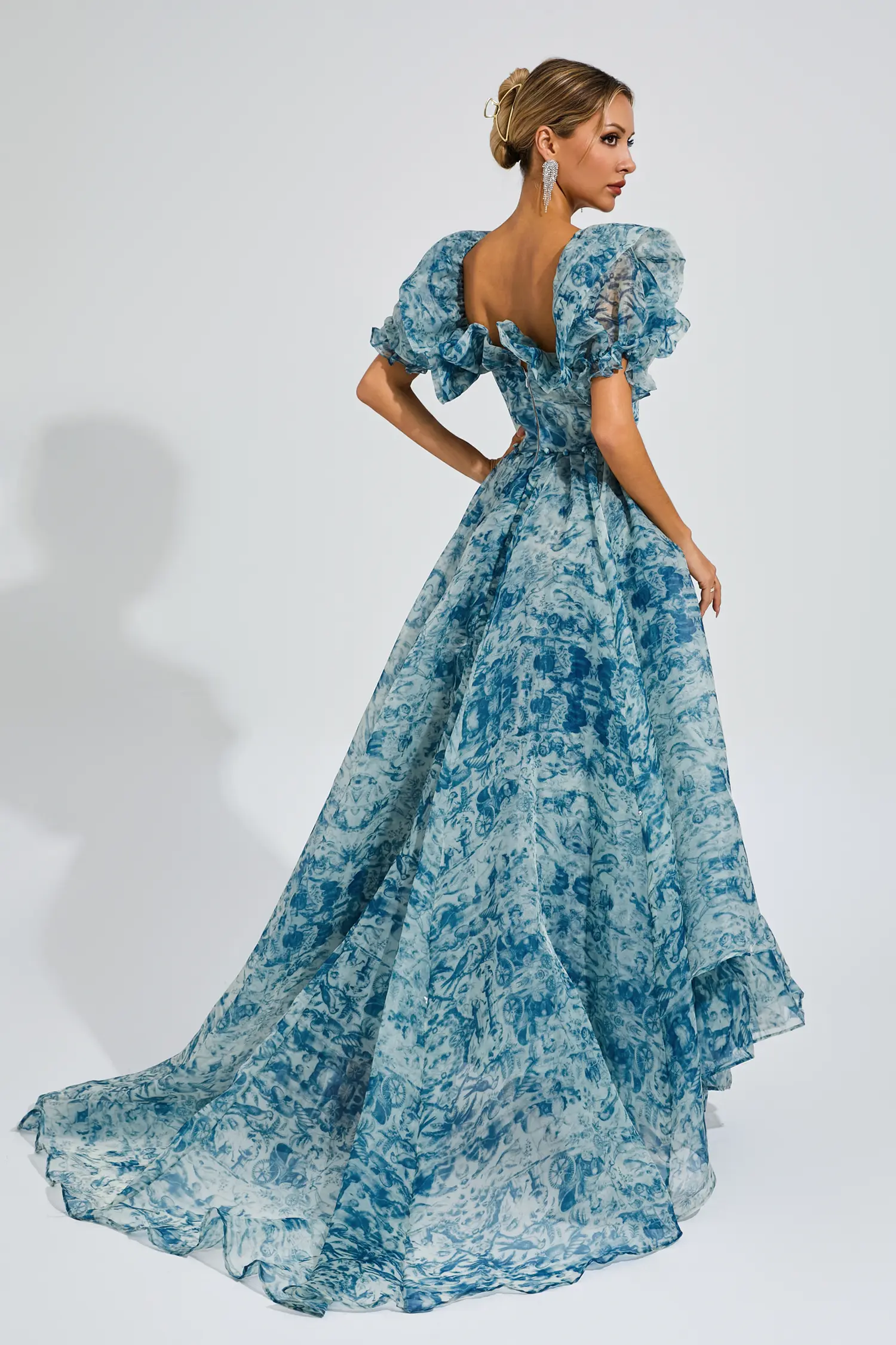 Wallace Blue Slit Puff Sleeves Maxi Dress