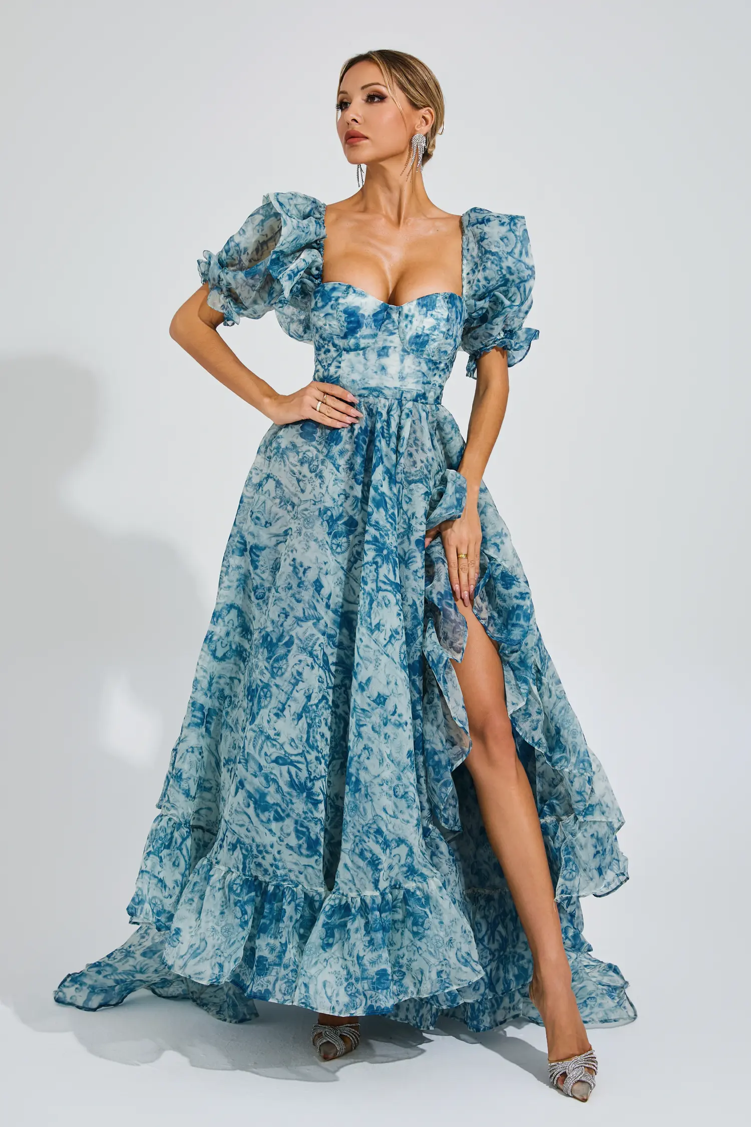 Wallace Blue Slit Puff Sleeves Maxi Dress