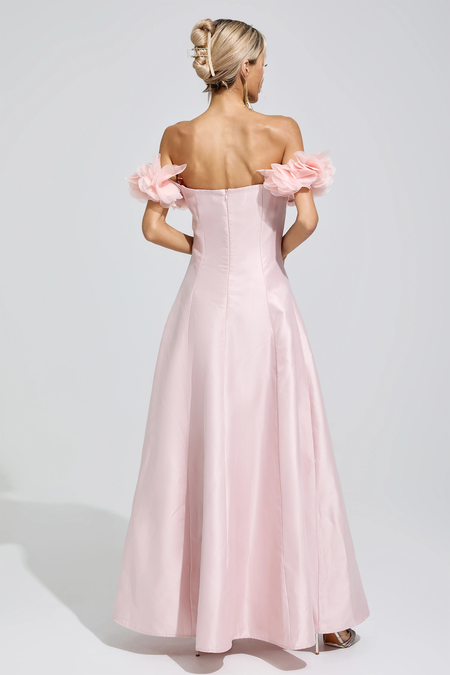 Florence Pink 3D Floral Strapless Satin Maxi Dress