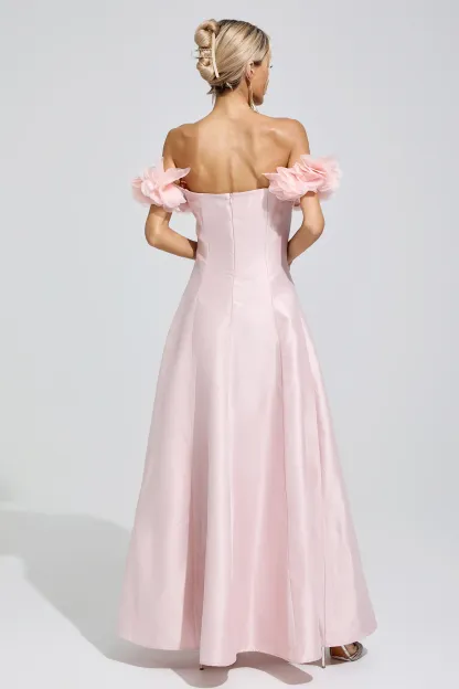 Florence Pink 3D Floral Strapless Satin Maxi Dress