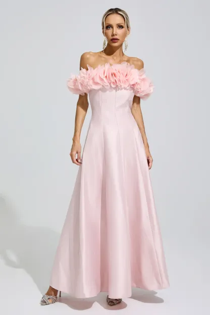 Florence Pink 3D Floral Strapless Satin Maxi Dress