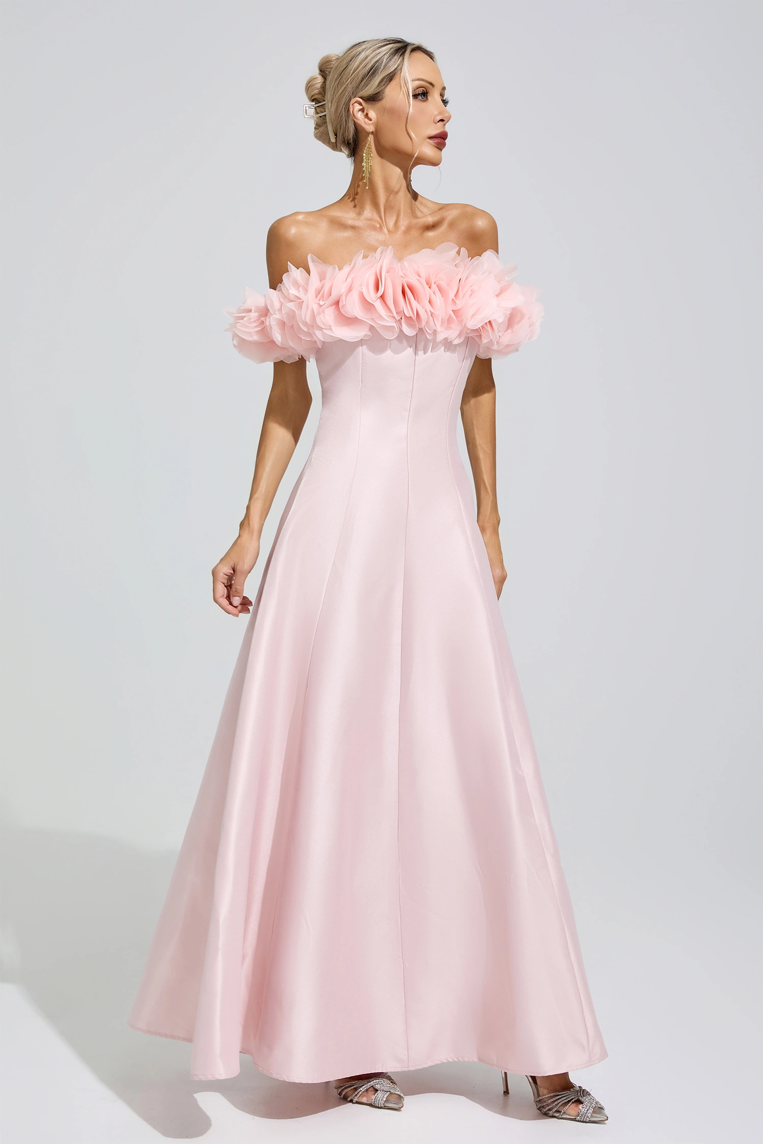 Florence Pink 3D Floral Strapless Satin Maxi Dress
