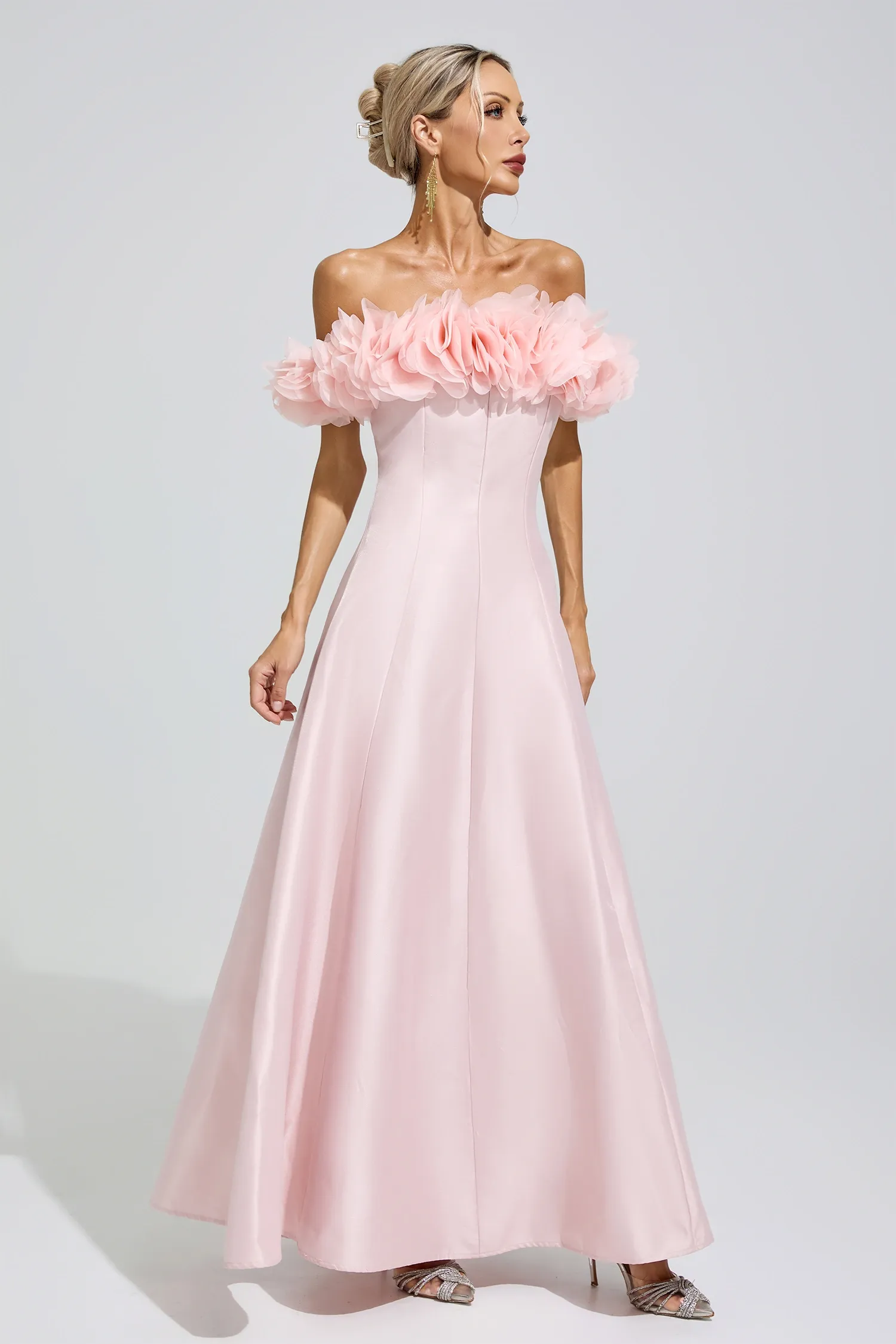 Florence Pink 3D Floral Strapless Satin Maxi Dress