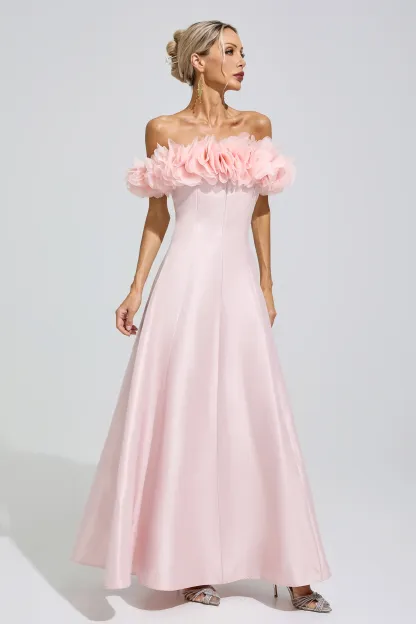 Florence Pink 3D Floral Strapless Satin Maxi Dress