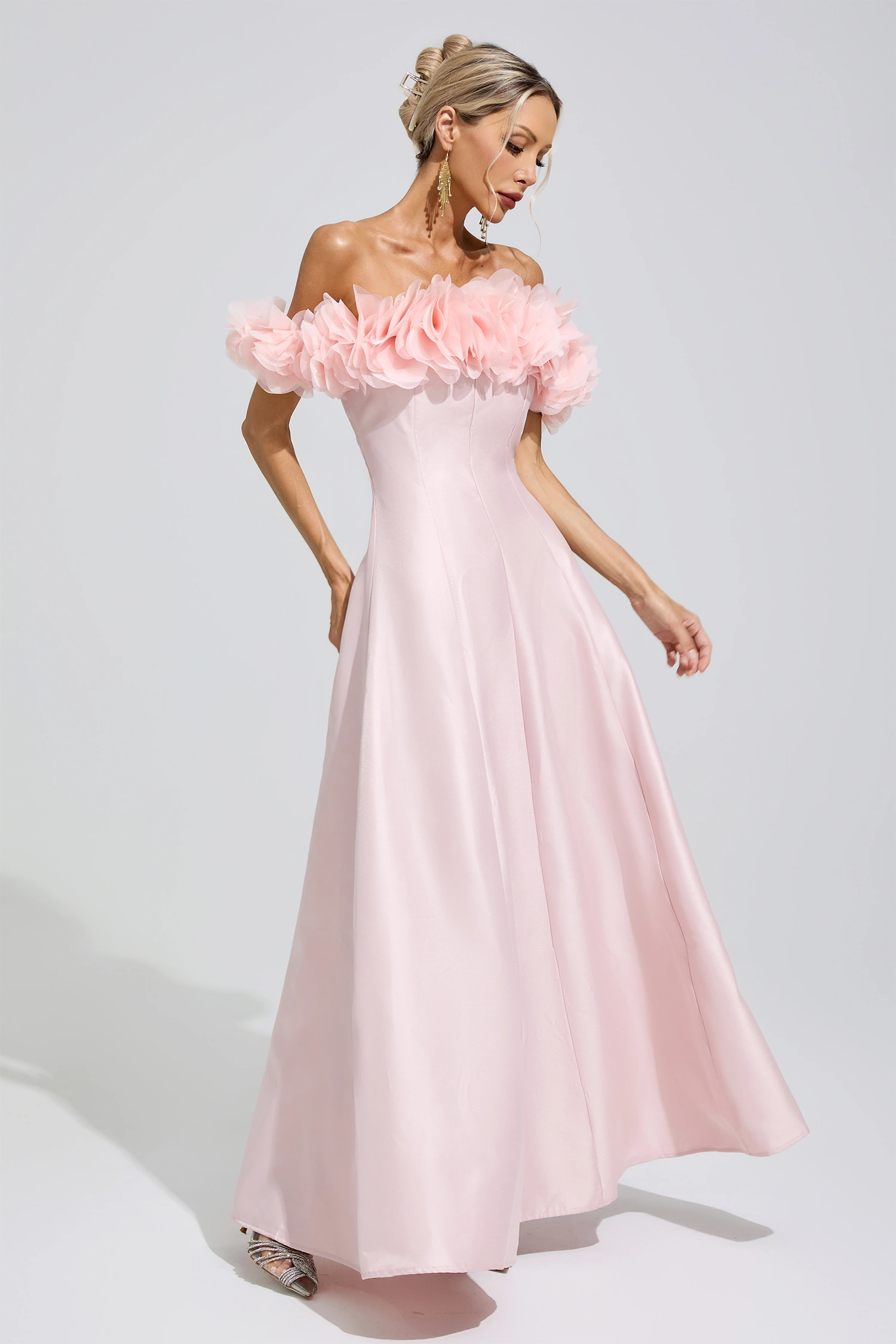 Florence Pink 3D Floral Strapless Satin Maxi Dress