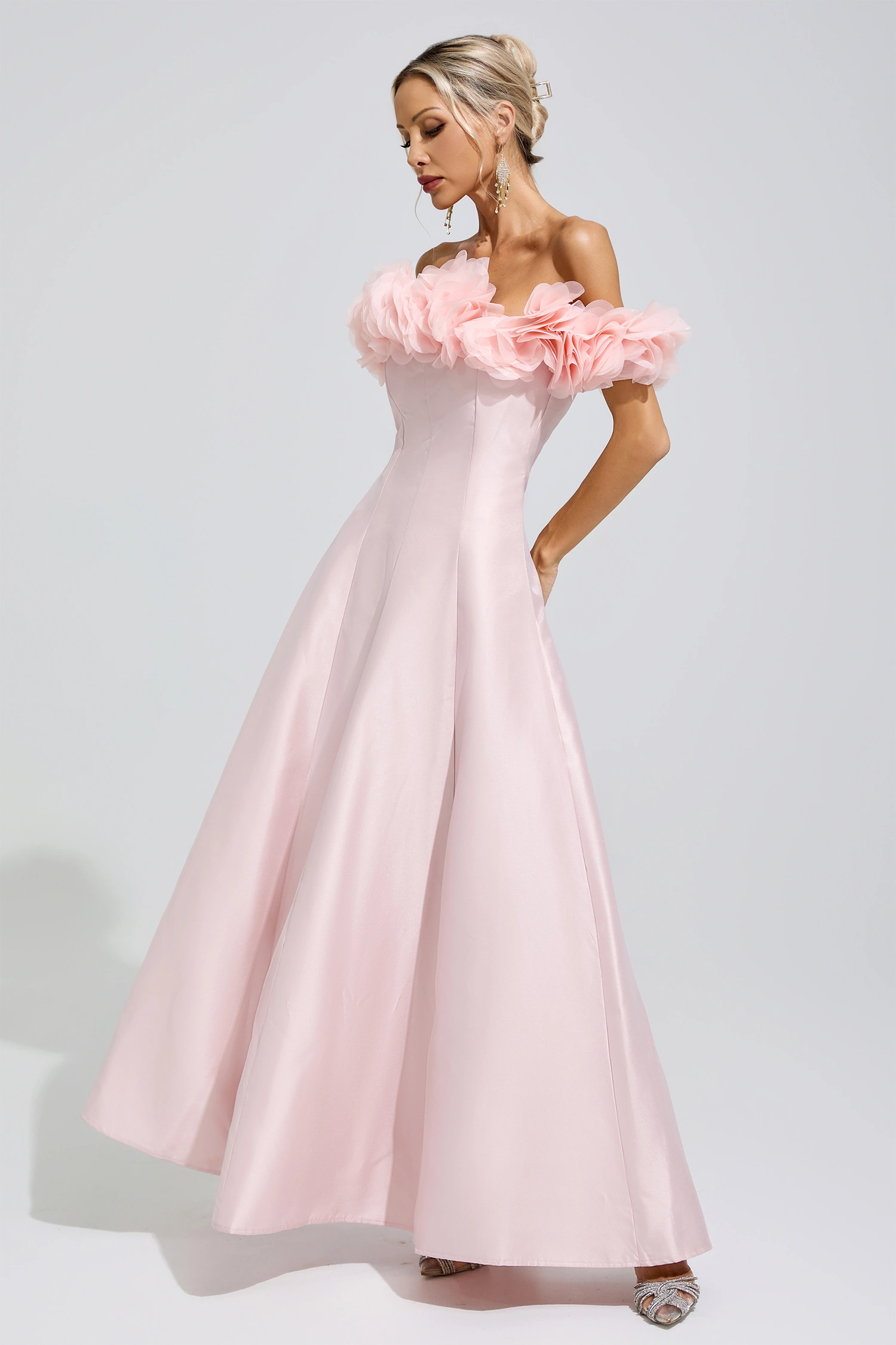 Florence Pink 3D Floral Strapless Satin Maxi Dress