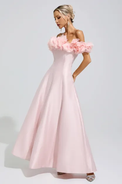 Florence Pink 3D Floral Strapless Satin Maxi Dress