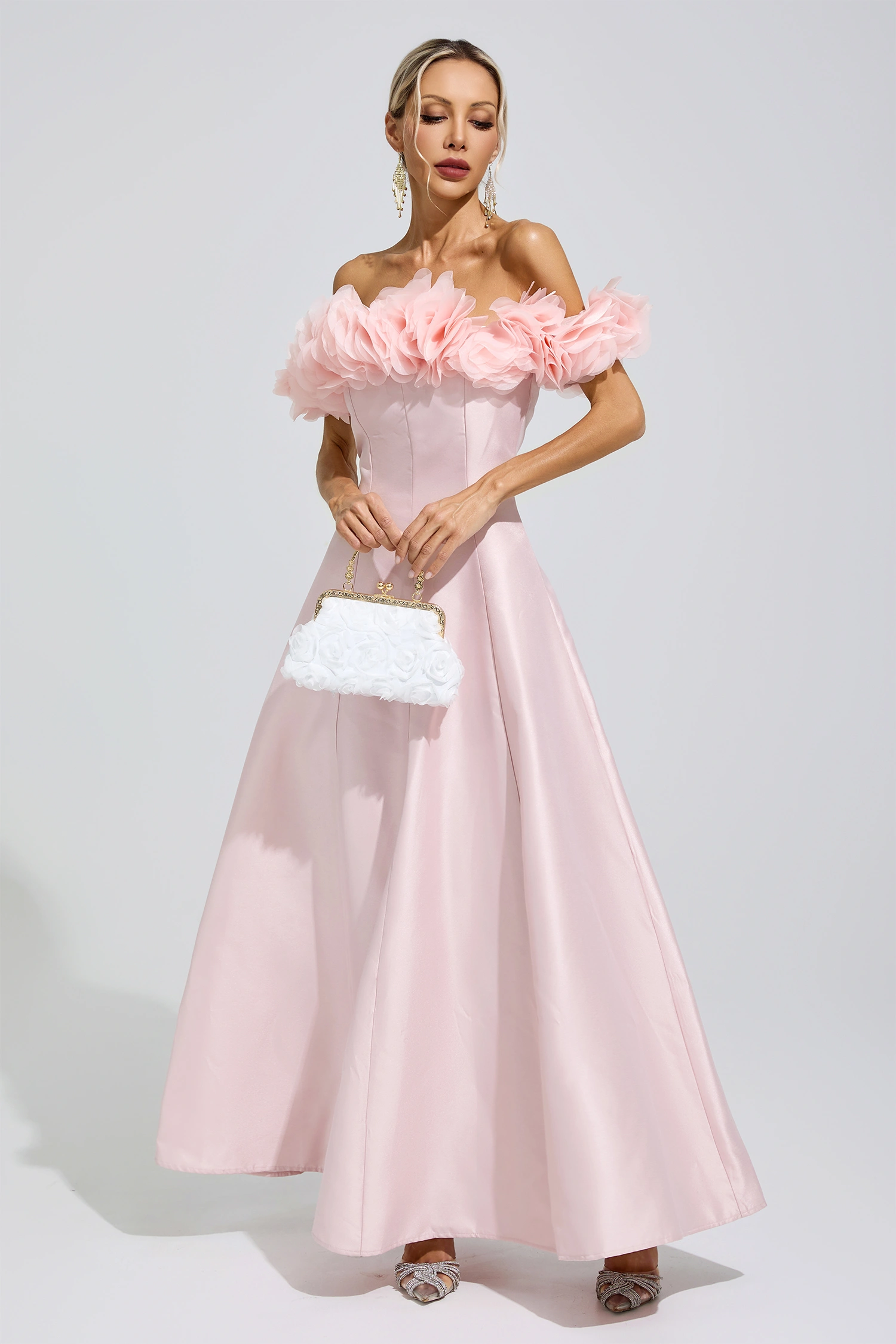 Florence Pink 3D Floral Strapless Satin Maxi Dress
