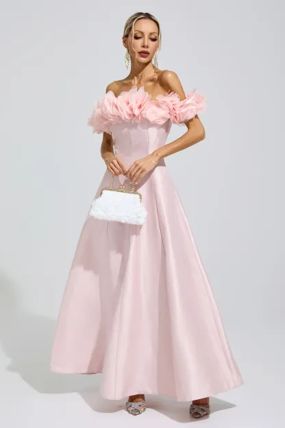 Florence Pink 3D Floral Strapless Satin Maxi Dress