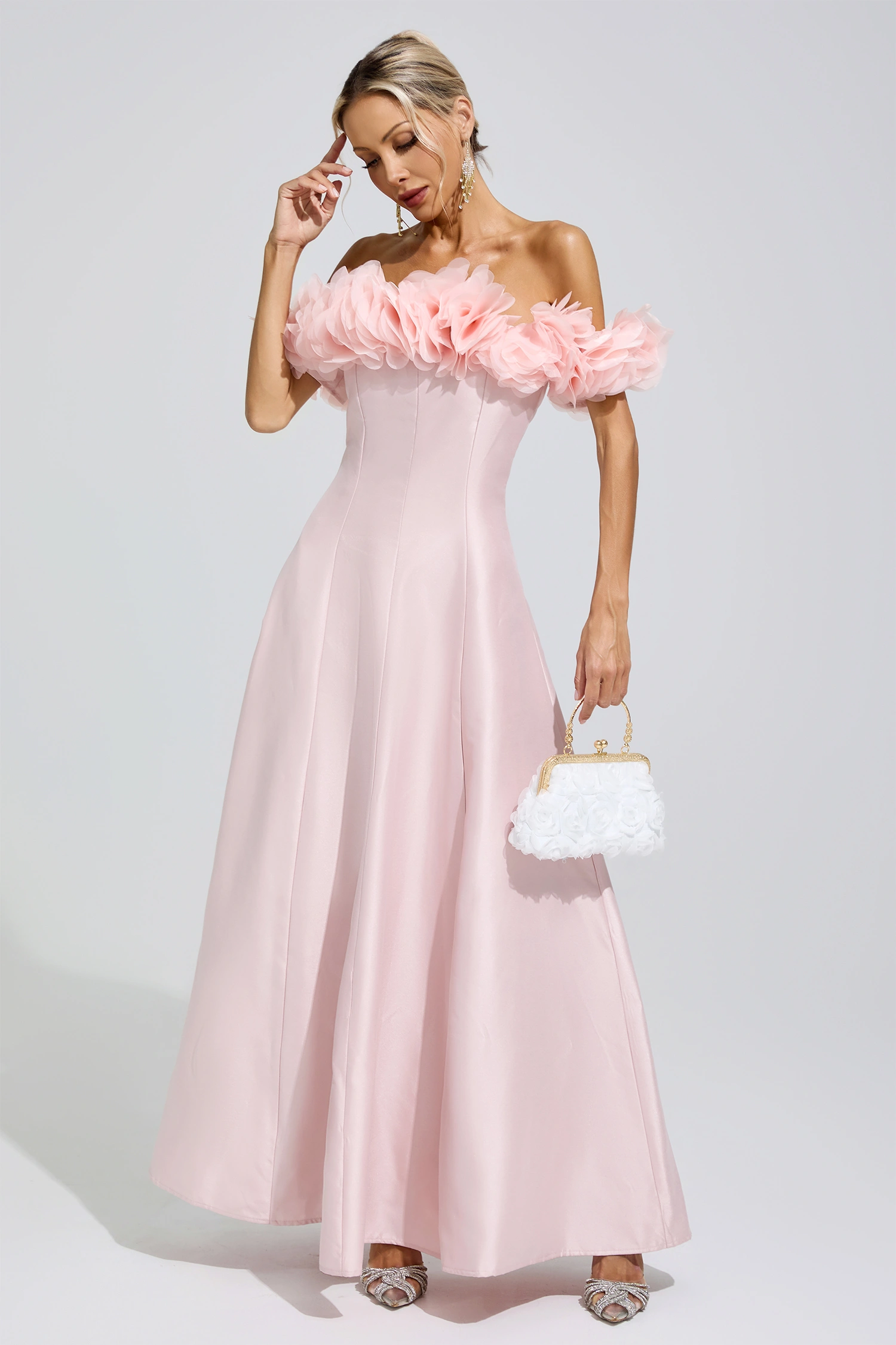 Florence Pink 3D Floral Strapless Satin Maxi Dress