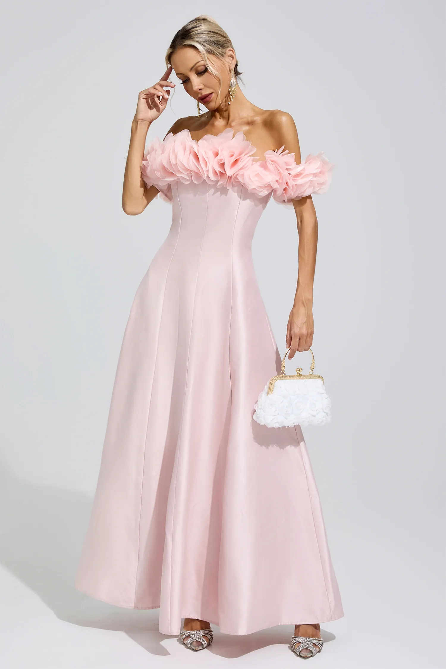 Florence Pink 3D Floral Strapless Satin Maxi Dress
