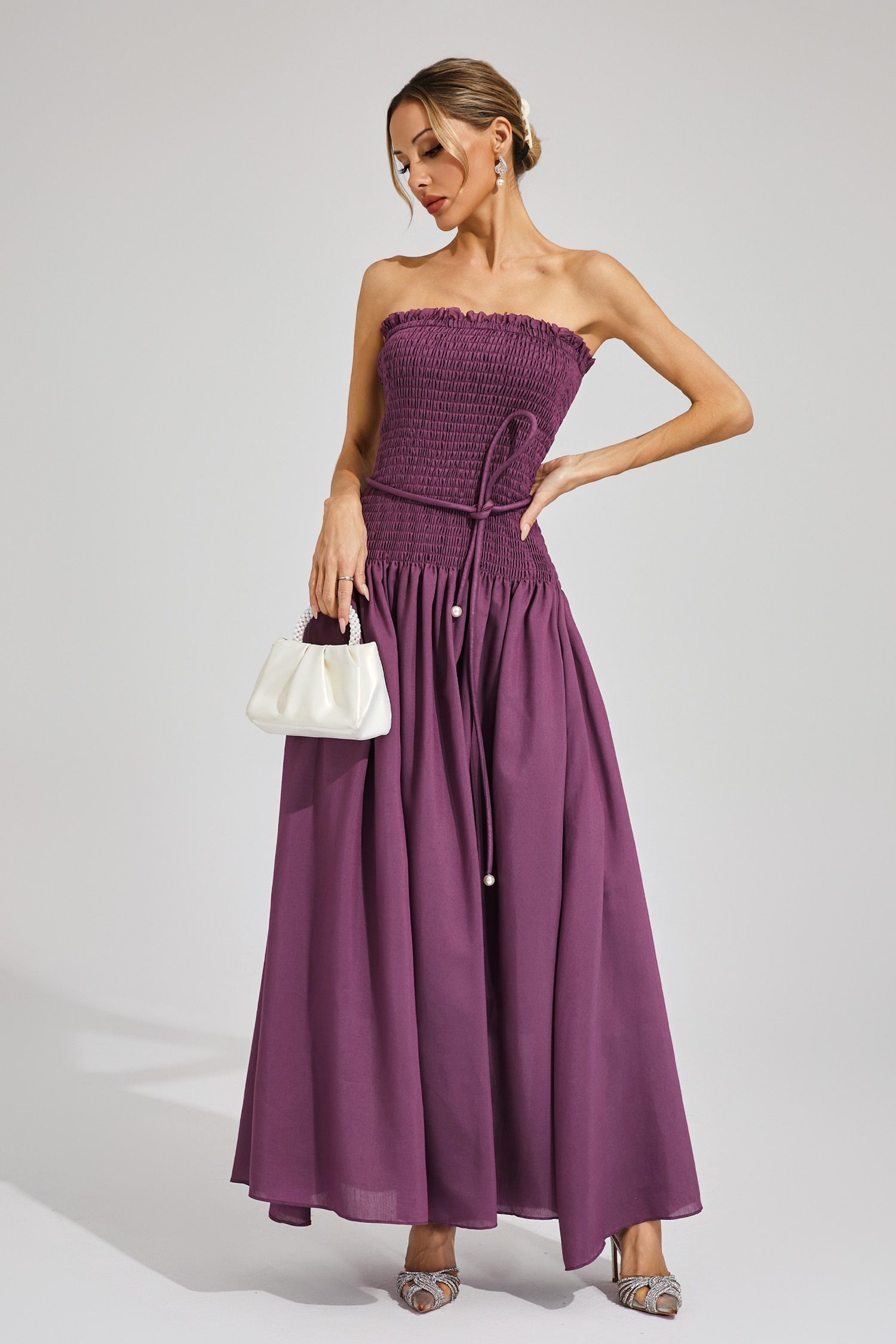 Adams Purple Ruched Off Shoulder Dress