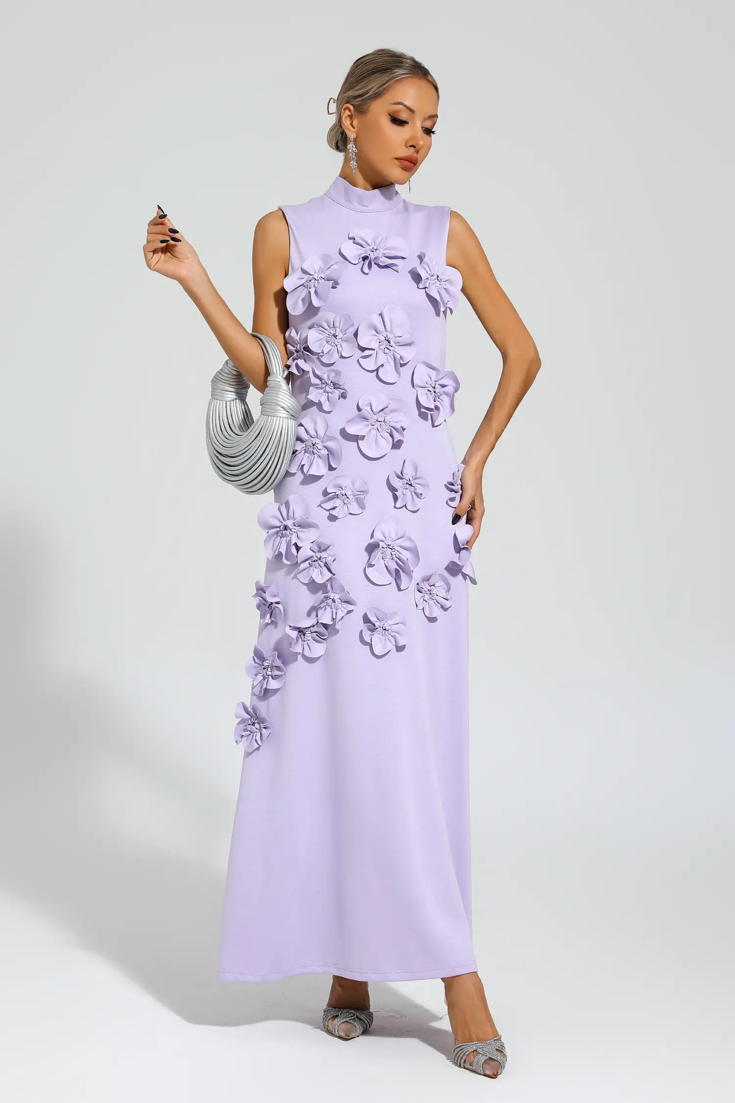 Whit Purple Rose Flower Maxi Dress