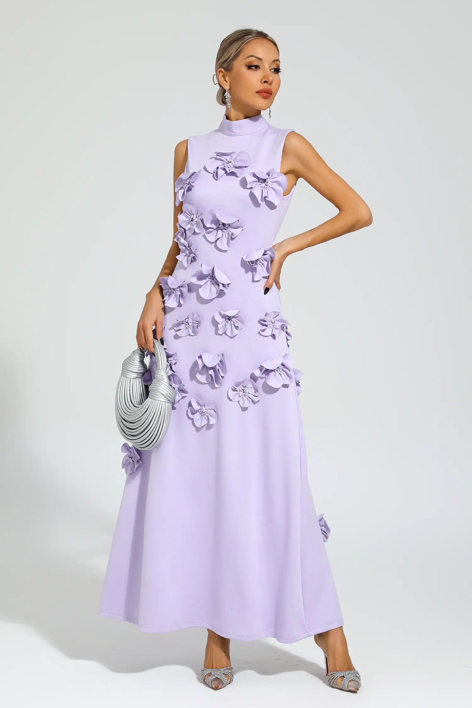 Whit Purple Rose Flower Maxi Dress