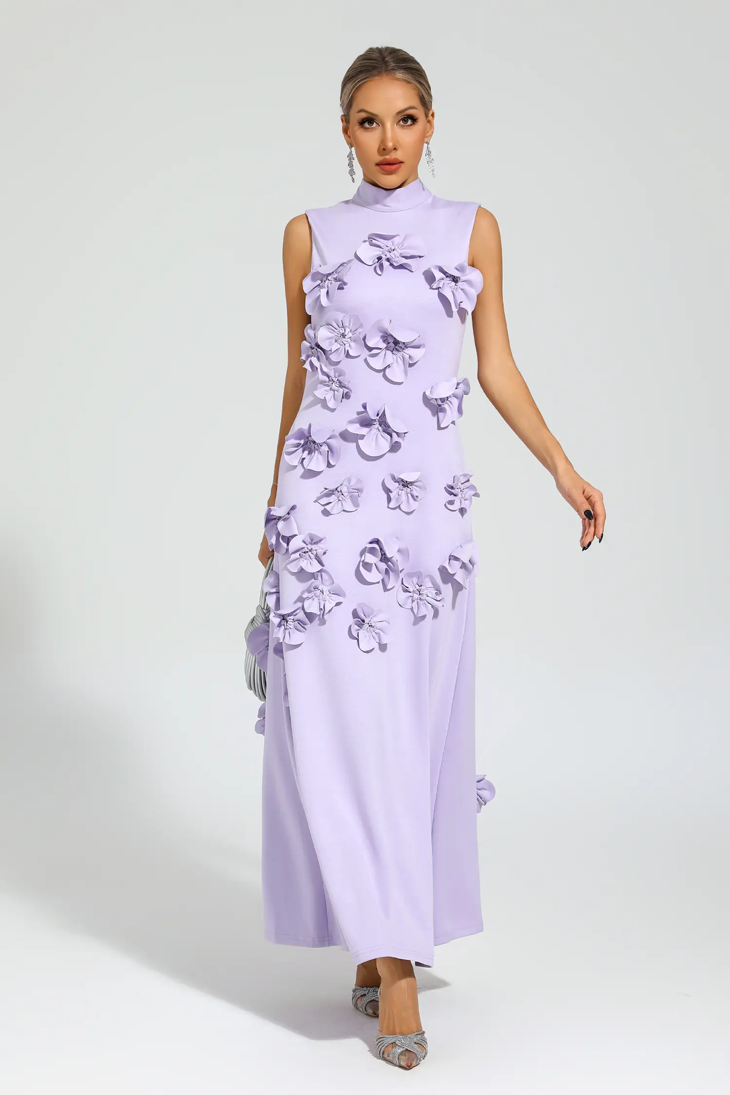 Whit Purple Rose Flower Maxi Dress