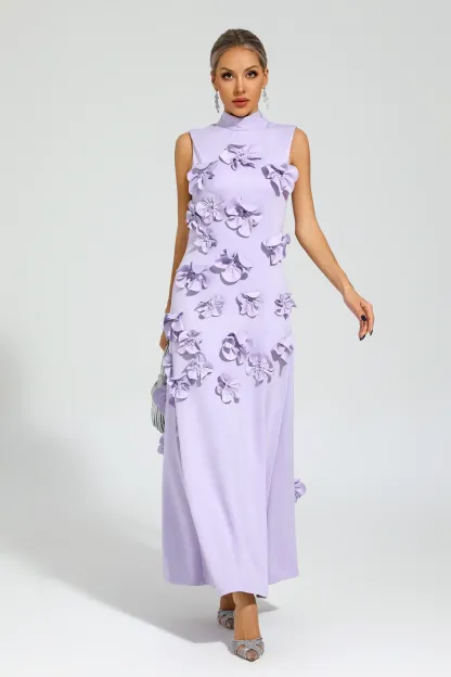 Whit Purple Rose Flower Maxi Dress