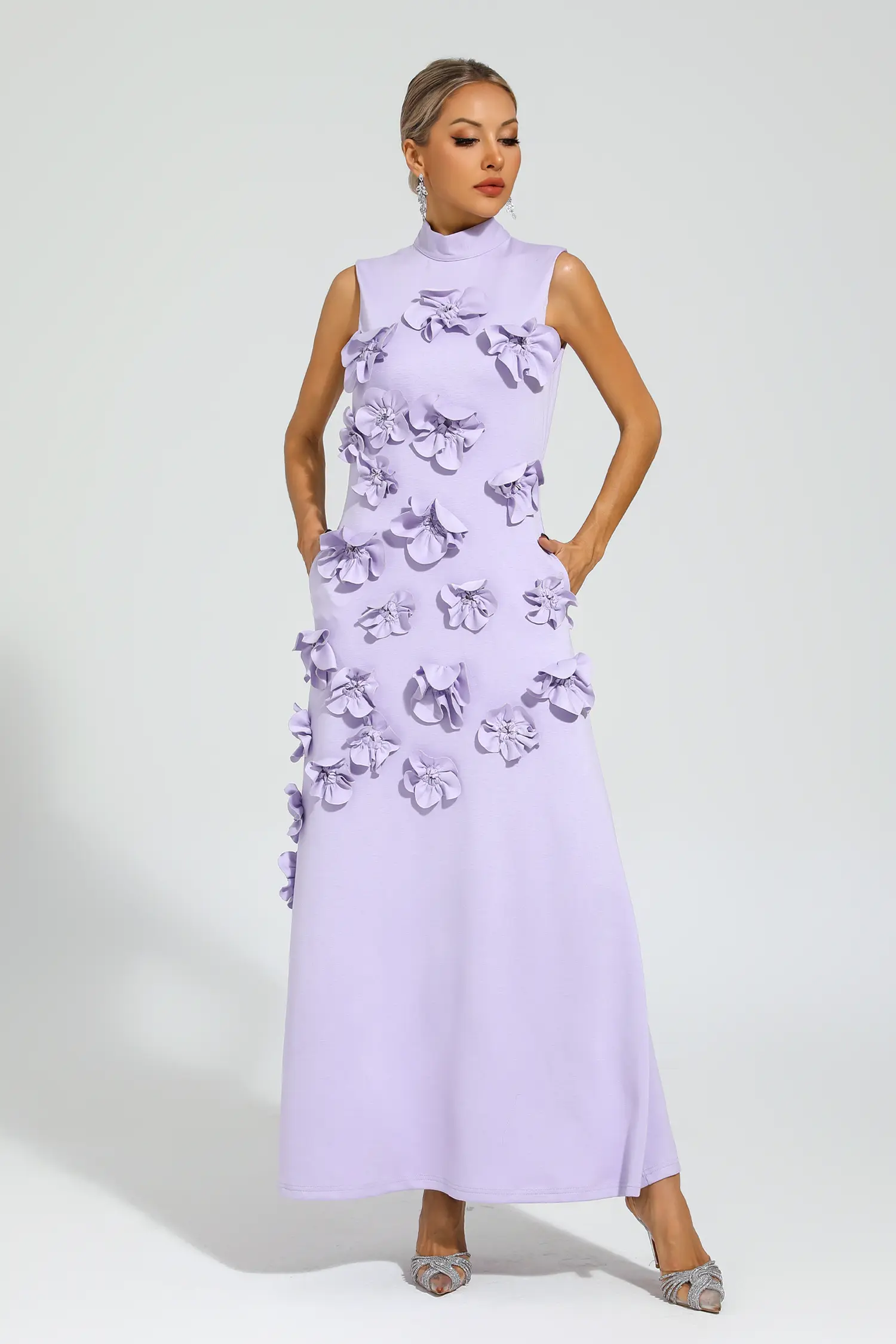 Whit Purple Rose Flower Maxi Dress