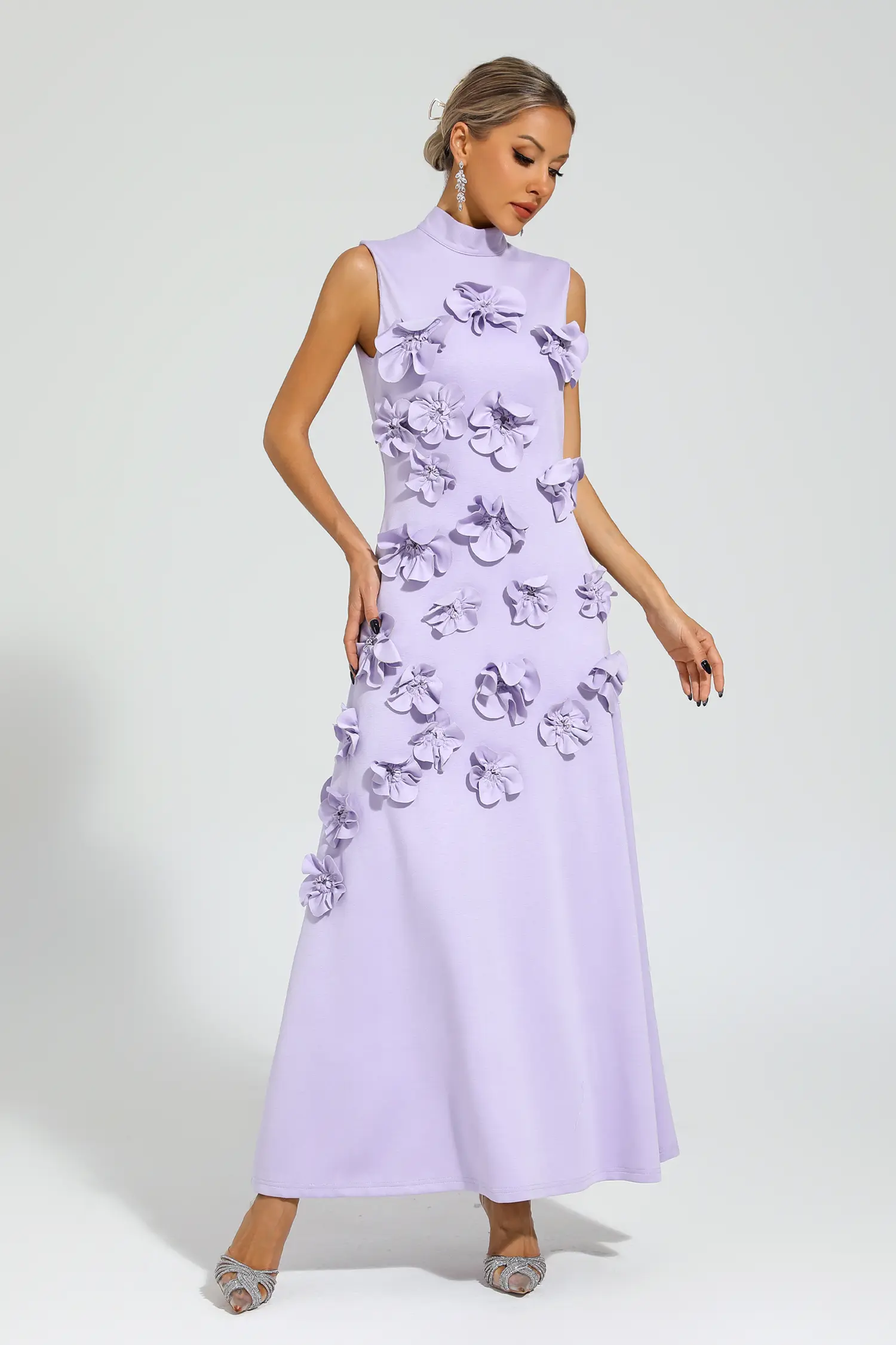 Whit Purple Rose Flower Maxi Dress