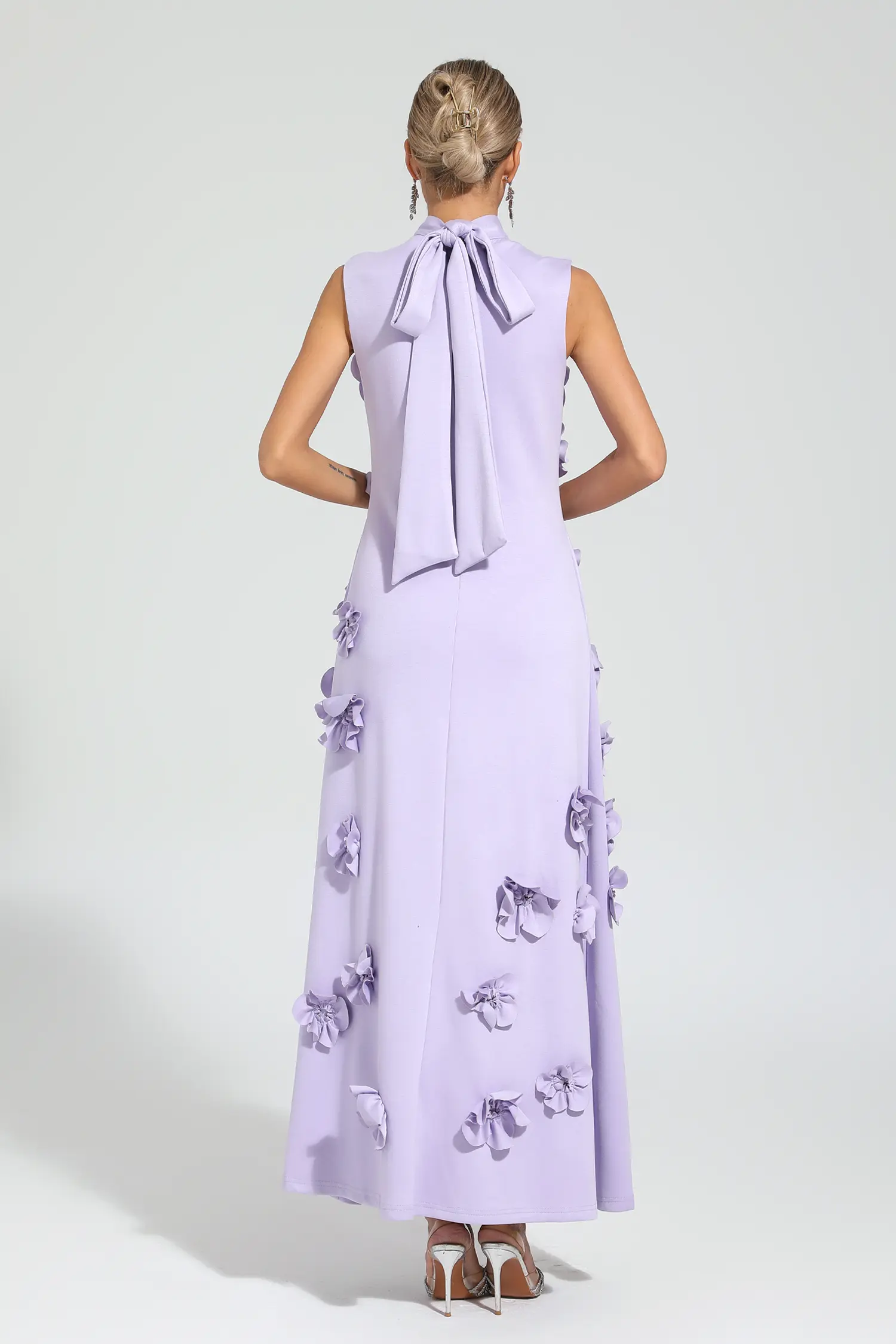 Whit Purple Rose Flower Maxi Dress