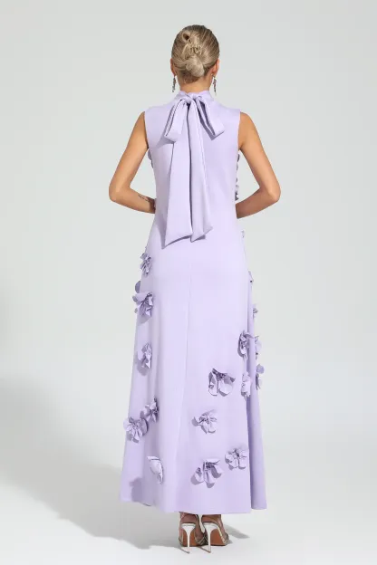 Whit Purple Rose Flower Maxi Dress
