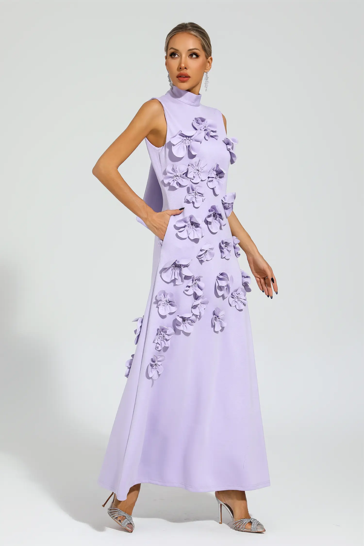 Whit Purple Rose Flower Maxi Dress