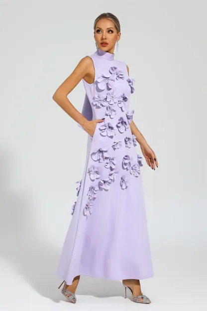 Whit Purple Rose Flower Maxi Dress