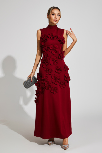 Whit Wine Red Rose Flower Maxi Dress