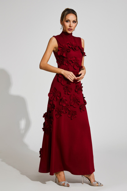 Whit Wine Red Rose Flower Maxi Dress