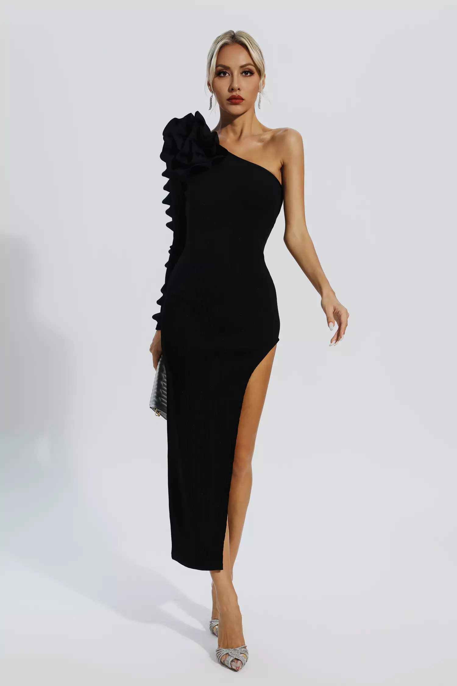 Jean Black Flower Bandage Knit Midi Dress
