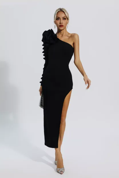 Jean Black Flower Bandage Knit Midi Dress