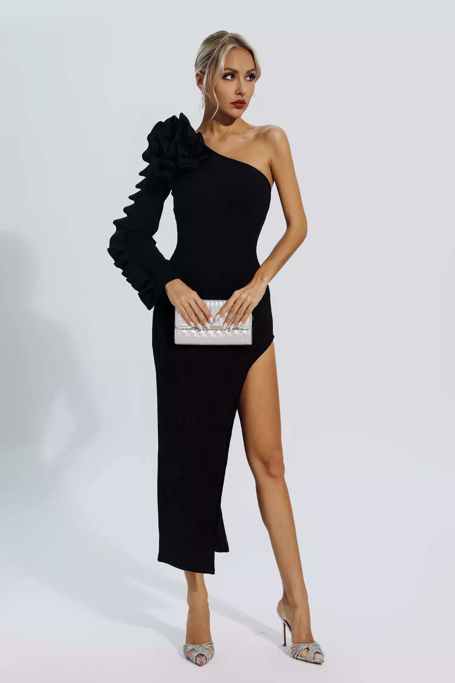 Jean Black Flower Bandage Knit Midi Dress