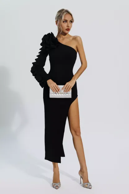 Jean Black Flower Bandage Knit Midi Dress