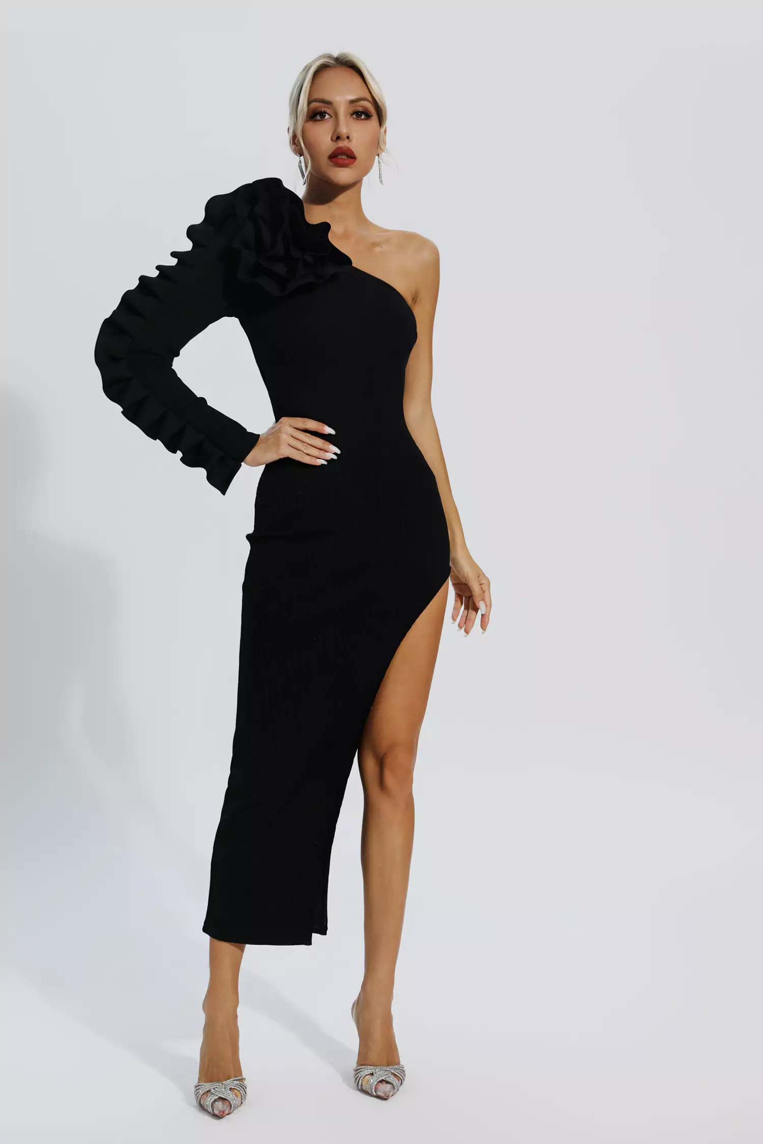 Jean Black Flower Bandage Knit Midi Dress