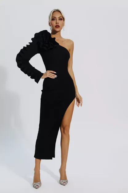 Jean Black Flower Bandage Knit Midi Dress