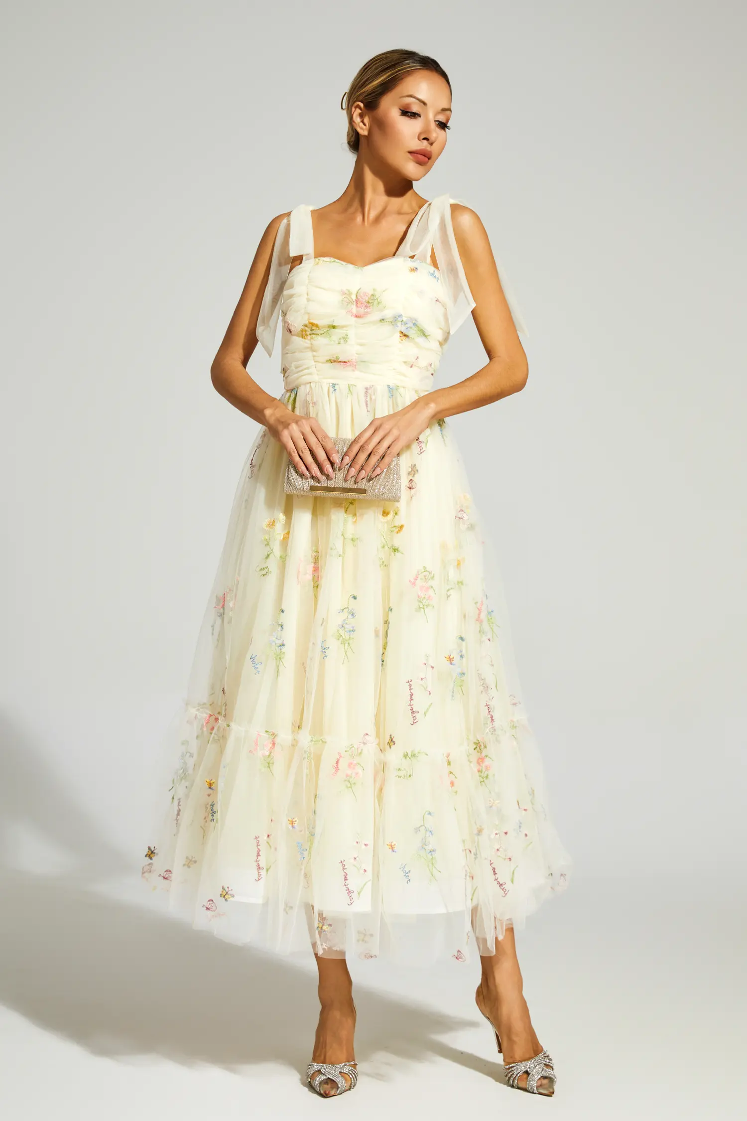 Chaucer Pale Yellow Flower Mesh Midi Dress