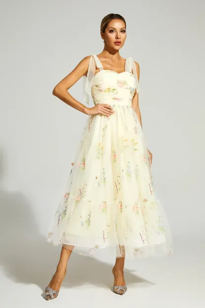 Chaucer Pale Yellow Flower Mesh Midi Dress