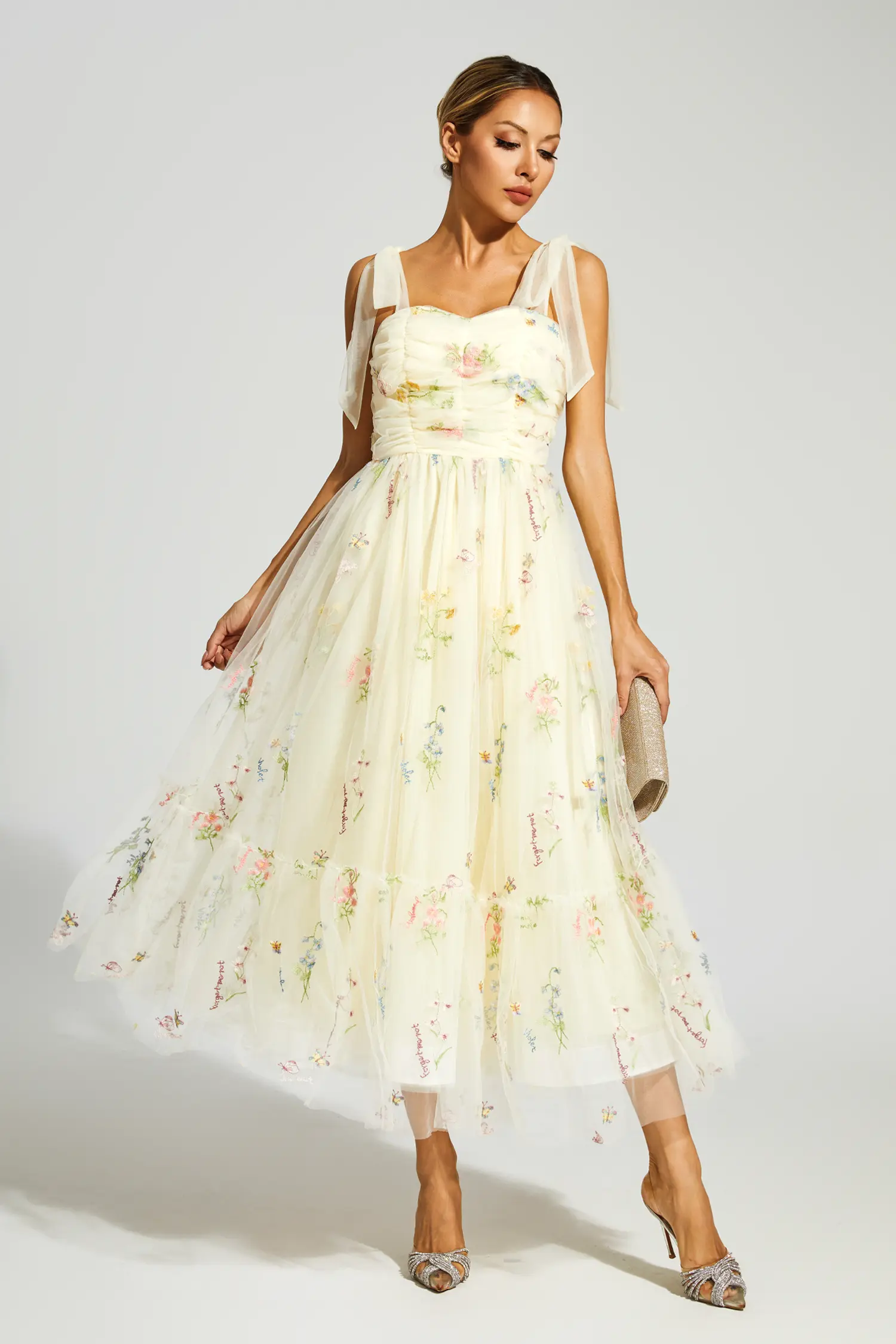 Chaucer Pale Yellow Flower Mesh Midi Dress