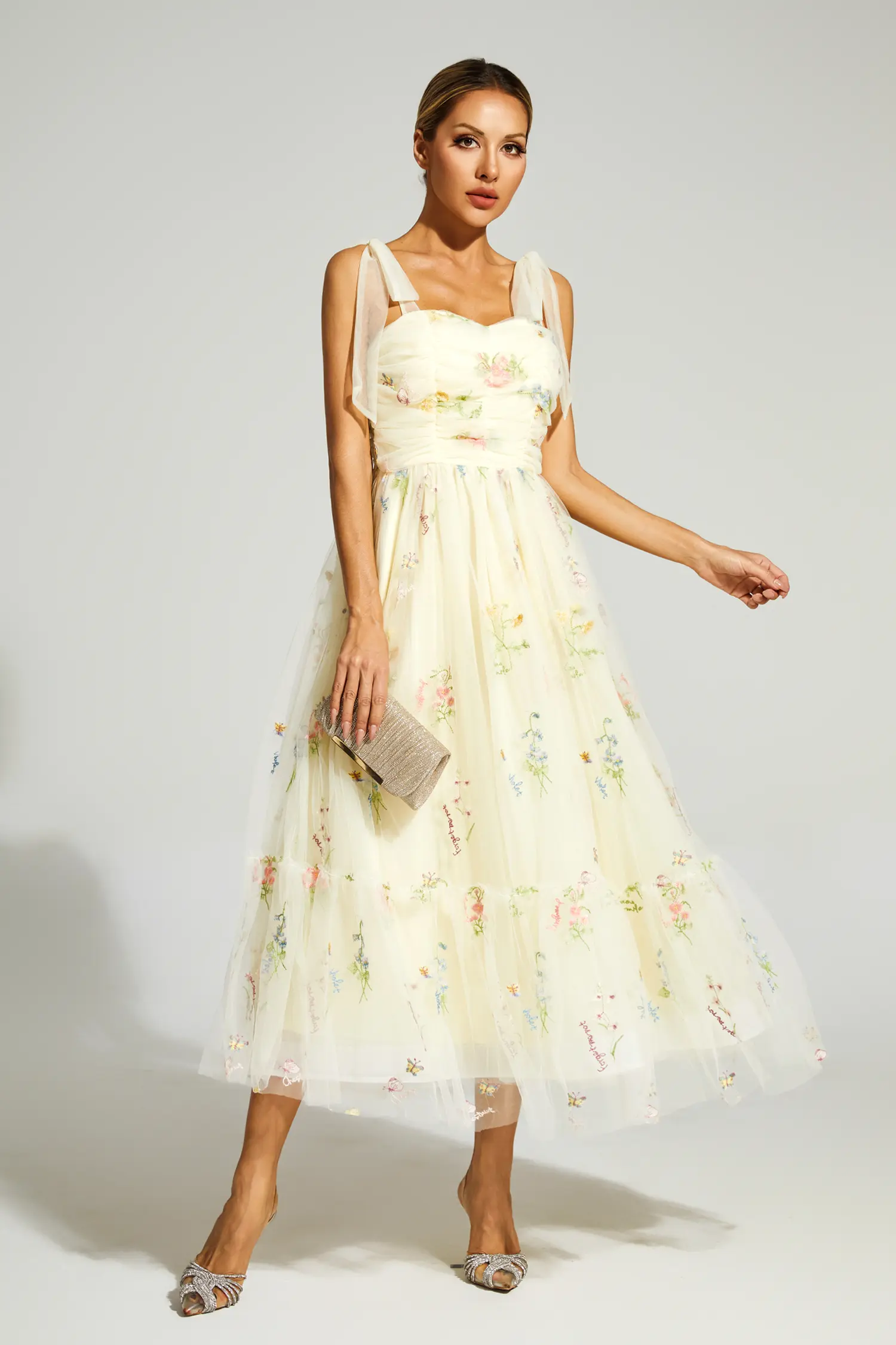 Chaucer Pale Yellow Flower Mesh Midi Dress