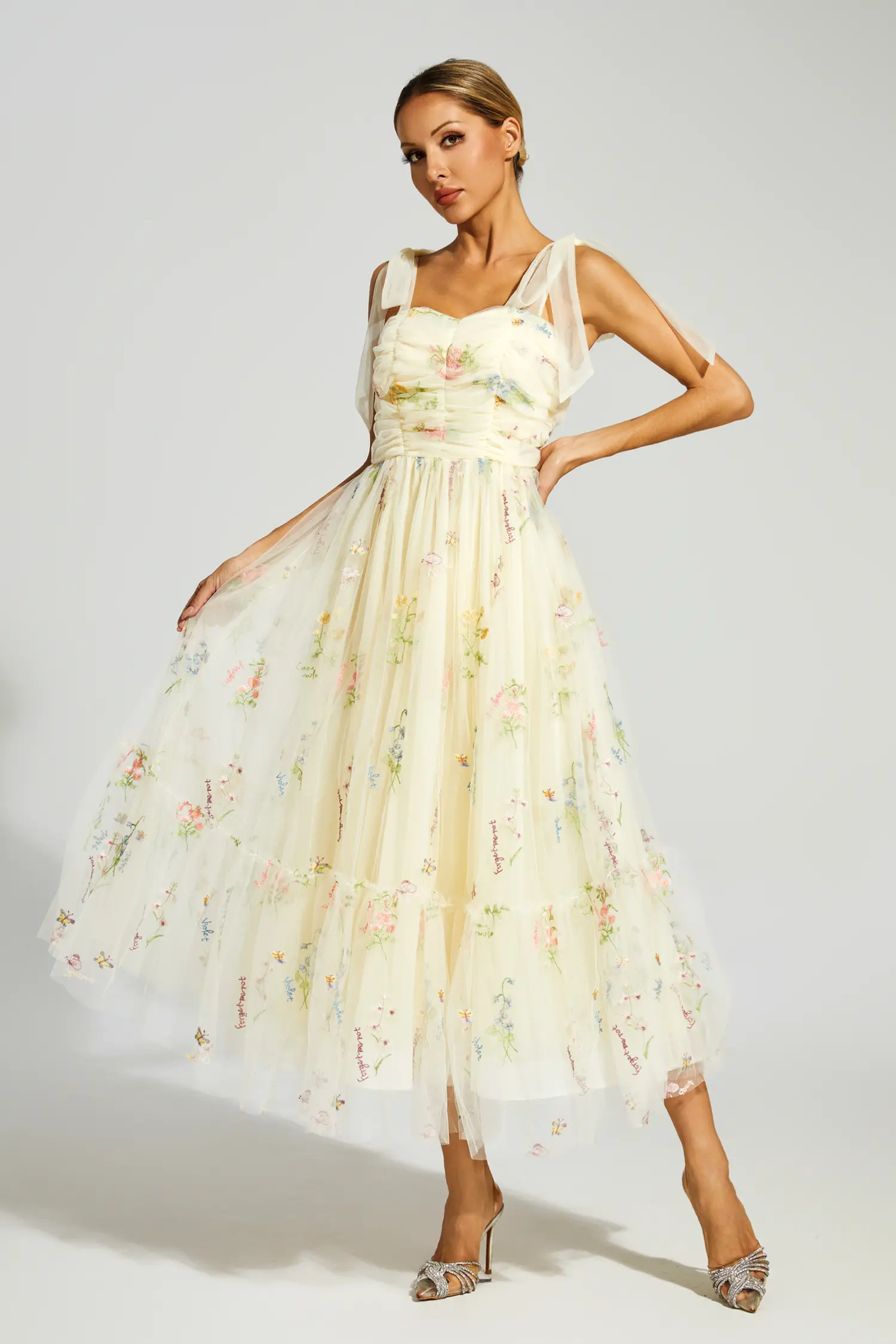 Chaucer Pale Yellow Flower Mesh Midi Dress
